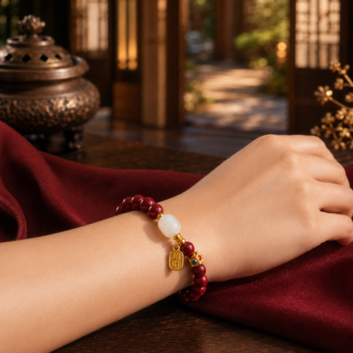 Amuleto das Oportunidades no pulso - pulseira de contas vermelhas com jade e pingente dourado da sorte